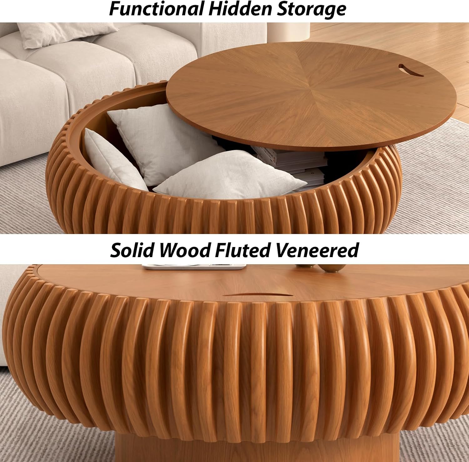 Drum Coffee Table with Hidden Storage, Modern Round Coffee Table for Living Room Circle Center Table with Solid Wood Fluted Veneered, Accent Tea Table for Small Space Apartment (Brown 39.37 inch)