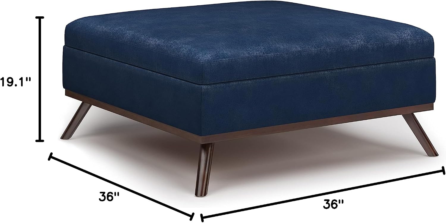 SIMPLIHOME Owen Square Coffee Table Storage Ottoman - 36 inch Wide Upholstered Vegan Leather Lift-Top Ottoman in Distressed Dark Blue, Mid-Century Modern Ottoman for Living Room with Tufted Detail