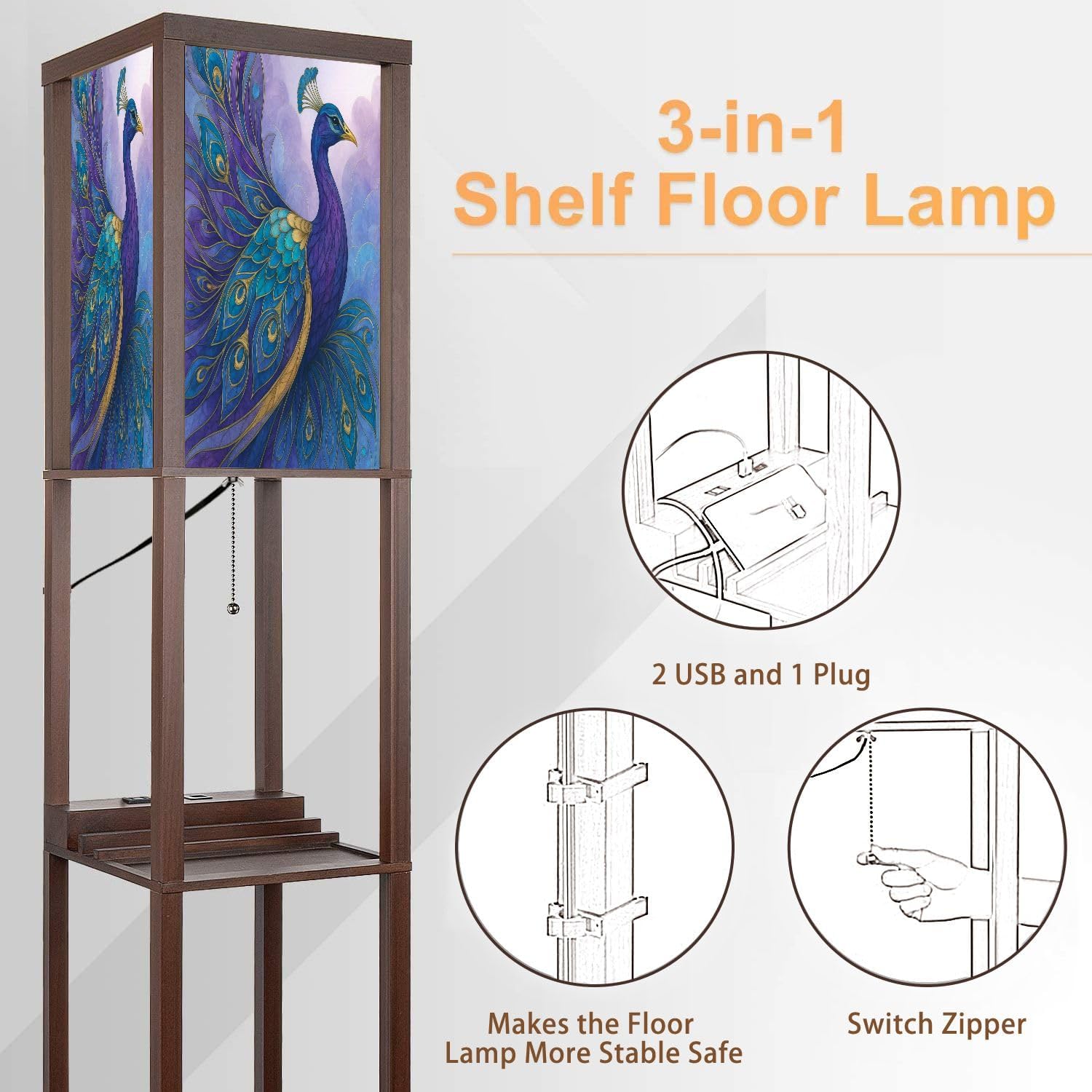 Floor Lamp with Shelves Modern Stained Glass Peacock Art Teal Gold Feathers Standing Tall Lamp USB Ports & Power Outlet Modern Corner Lamp Nightstand Light for Living Room Bedroom