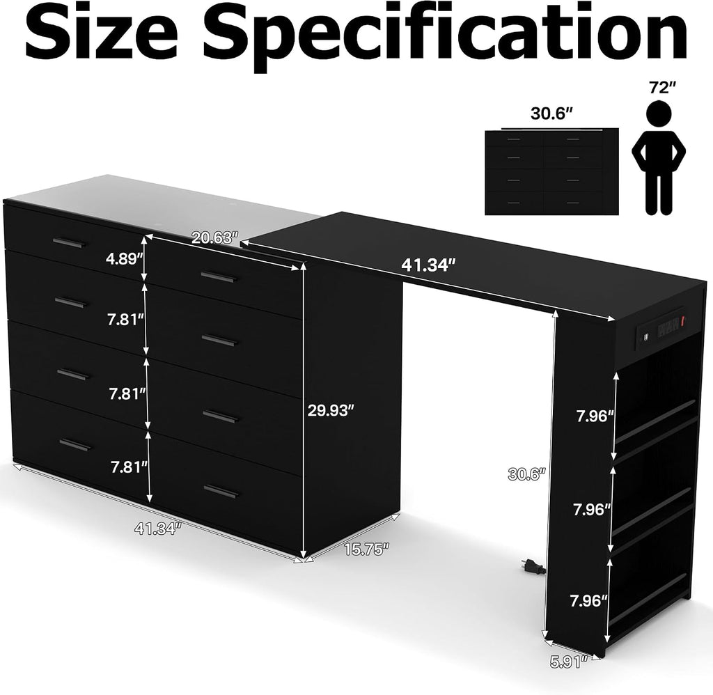 Black L Shaped Vanity Desk with LED Lighted Glass Top, Extendable Makeup Desk with 8 Drawers, 3 Open Shelves & Power Outlets, Corner Dressing Table for Bedroom