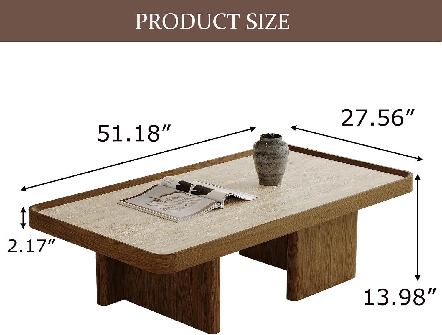 VAFON 51.18'' Square Coffee Table for Living Room, Mid Century Modern Center Tea Table, Sintered Stone Tabletop with Wood Wraps, Wood Base, Minimalist Center Tables, Easy Assembly, Brown