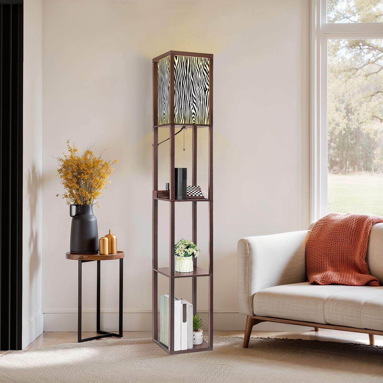 Floor Lamp with Shelves Zebra Print Pattern Standing Tall Lamp USB Ports & Power Outlet Modern Corner Lamp Nightstand Light for Living Room Bedroom