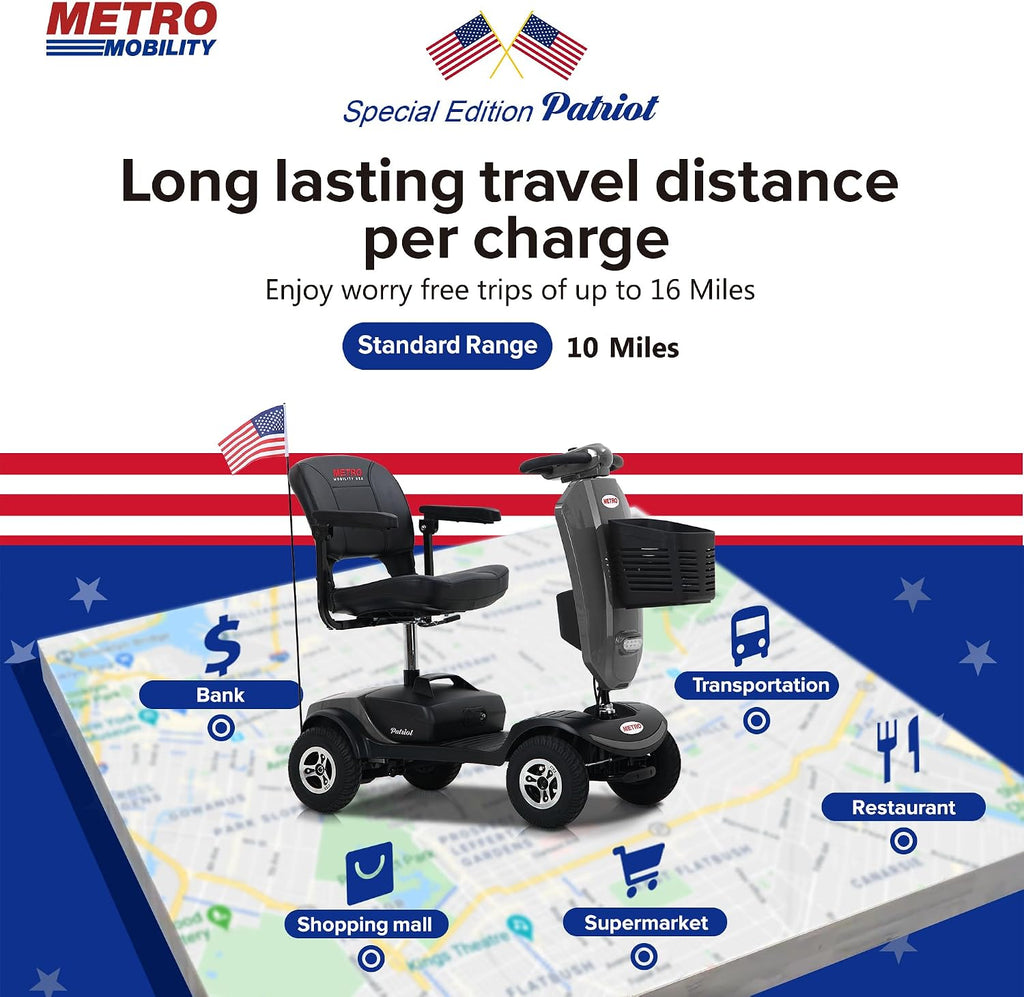 Metro Mobility 4 Wheel Powered Mobility Scooter for Seniors - 300 lbs Capacity Electric Mobility Scooter for Adults - Long Range Power Extended Battery with Thickened Seat and USB Charging Port - Gray