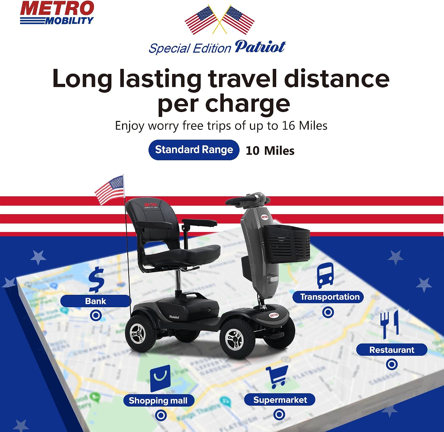 Metro Mobility 4 Wheel Powered Mobility Scooter for Seniors - 300 lbs Capacity Electric Mobility Scooter for Adults - Long Range Power Extended Battery with Thickened Seat and USB Charging Port - Gray