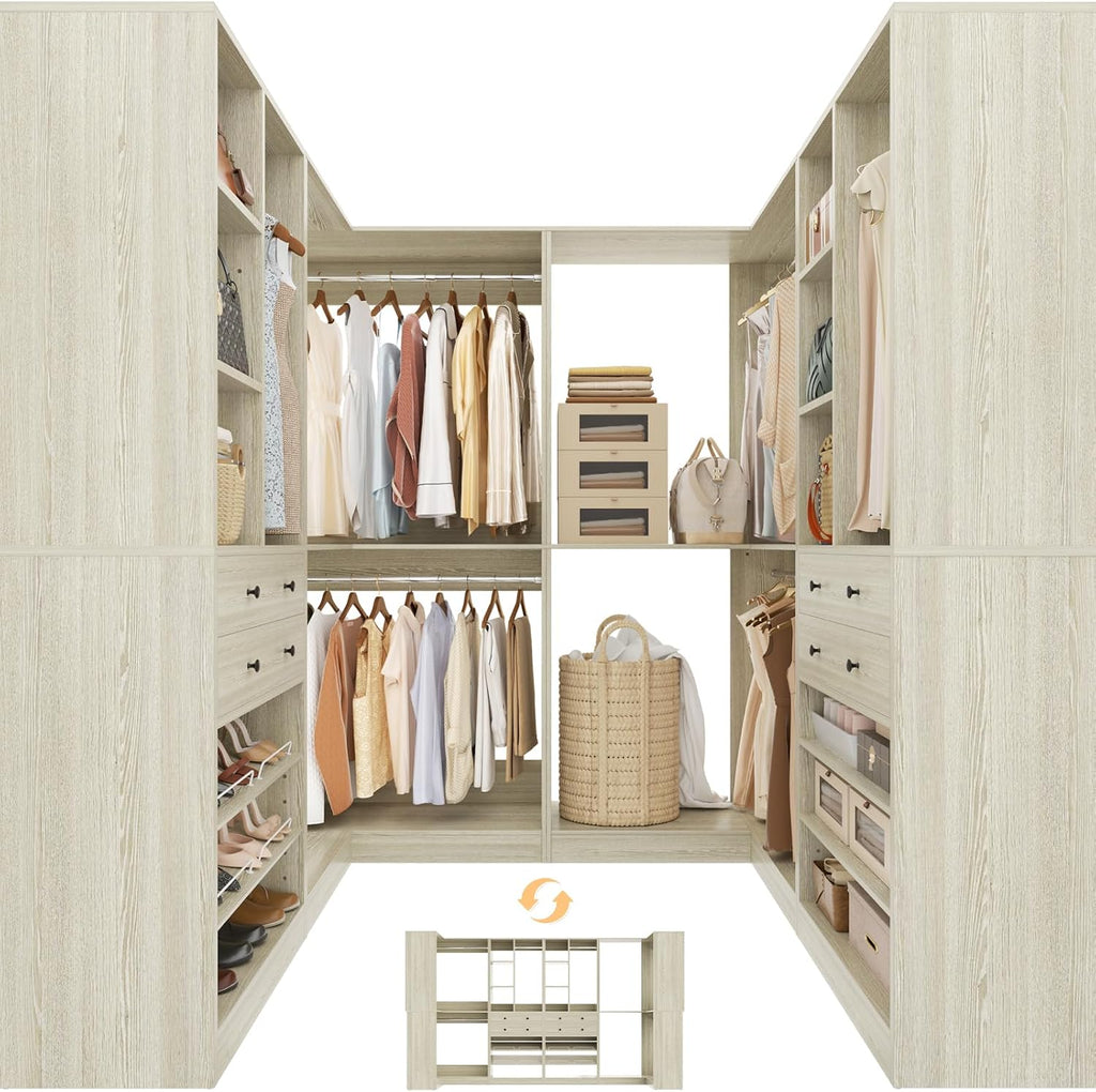 Besiost Closet System with 4 Drawers & Corner Tower, Closet Organizer System with 4 Hanging Robs, Reversible U Shaped Walk-in Closet System, Load 2600+LBS Capacity, Set of 4, Greige Oak