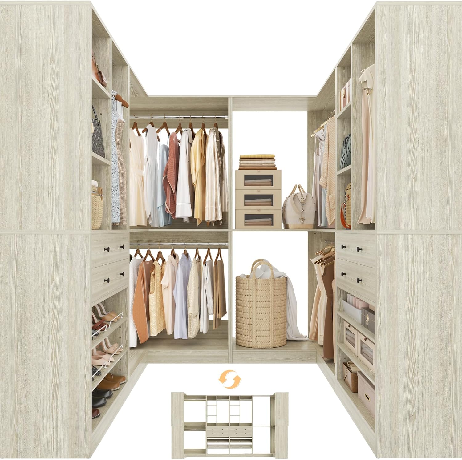 Besiost Closet System with 4 Drawers & Corner Tower, Closet Organizer System with 4 Hanging Robs, Reversible U Shaped Walk-in Closet System, Load 2600+LBS Capacity, Set of 4, Greige Oak