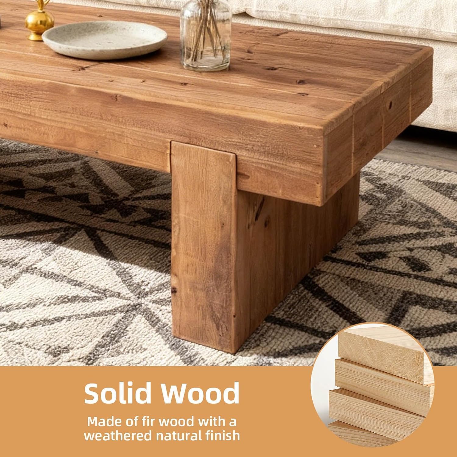 SSLine Solid Wood Coffee Table 47.6-Inch Rectangular Coffee Table for Living Room,Farmhouse Rustic Center Tables with Thicken Top and Sturdy Legs,Walnut