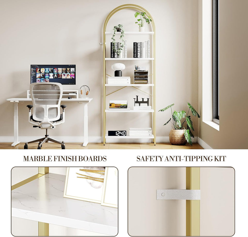 Takywep Bookshelf, Arched Bookcase with Metal Frame 5 Tiers Bookshelf Industrial Arched Cabinet Display Shelf Floorstanding Storage Shelving Unit for Bedroom Living Room Home Office, White and Gold