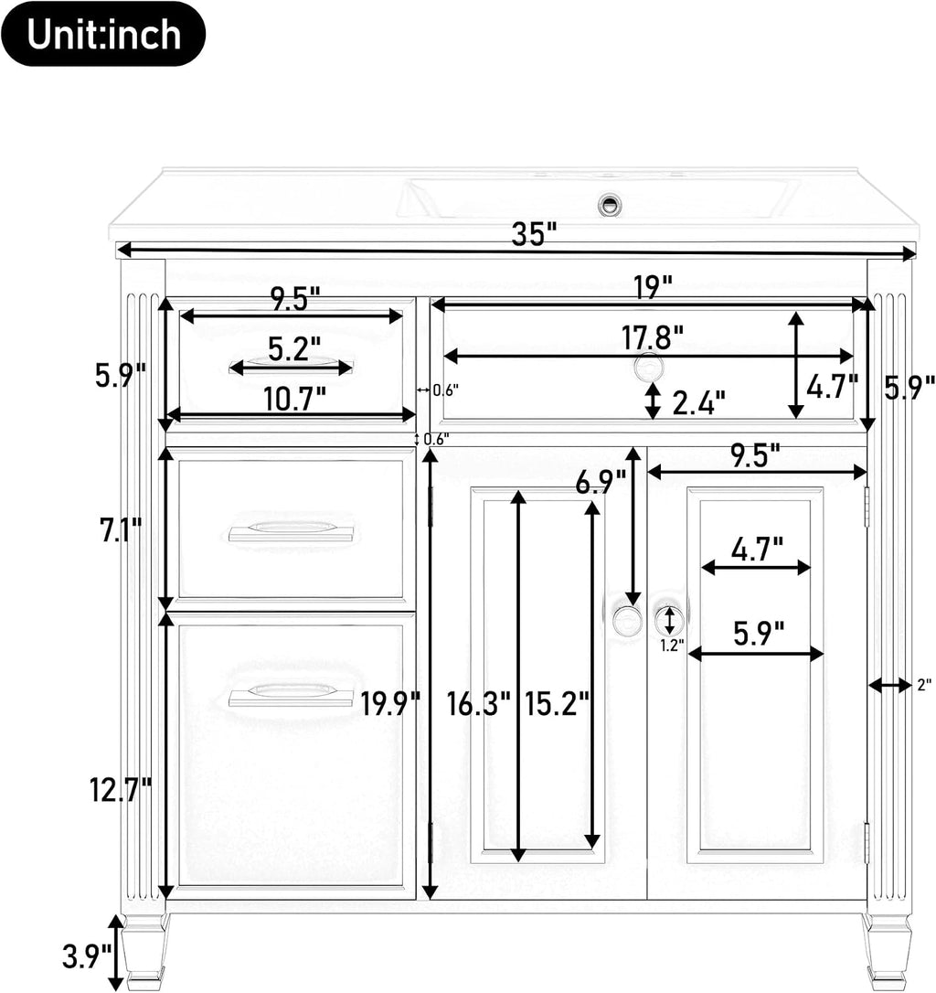 36' Bathroom Vanity with Ceramic Sink Set Combo, Tip-Out Drawer, Storage Cabinet Organizer with 2 Doors and Adjustable Shelf, Gray Blue