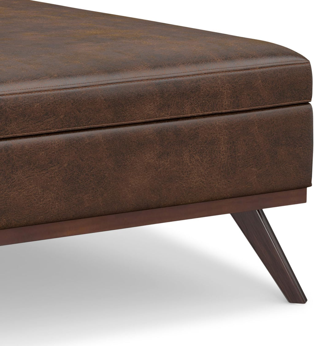 SIMPLIHOME Owen XL Square Coffee Table Storage Ottoman - 40 inch Wide Upholstered Vegan Leather Lift-Top Ottoman in Distressed Chestnut Brown, Mid-Century Modern Ottoman for Living Room with Storage