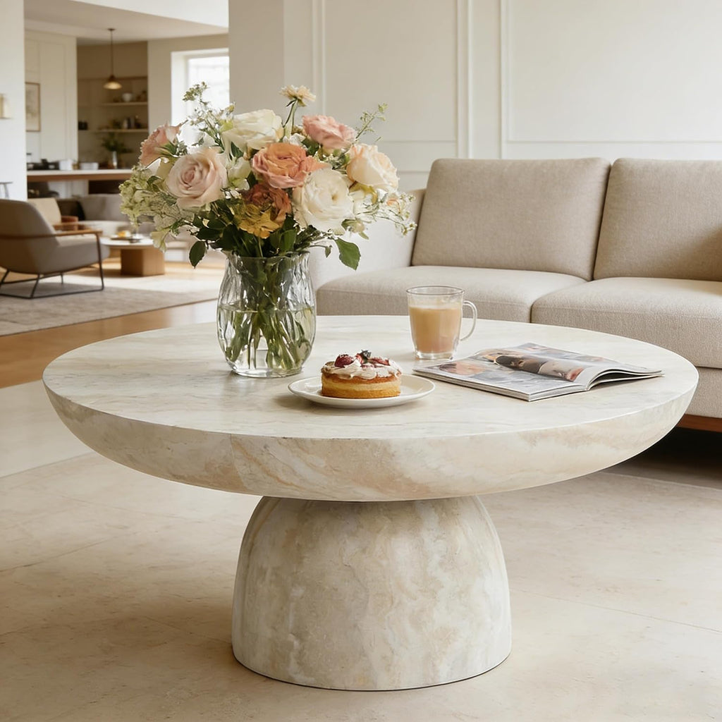 31.5' Modern Faux Marble Coffee Table, Round Stone Coffee Table with Cylindrical Leg, Fiberglass Drum Circle Center Table, Sofa Side End Tables for Living Room Apartment Home Cocktail Tea