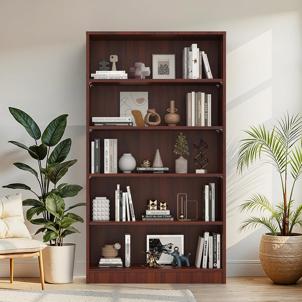 Farini 60 Inch Tall 5-Shelf Bookcase, Wood Bookshelf Storage Organizer Adjustable Shelf for Home Office, Study Room, Easy Assembly,Mahogany