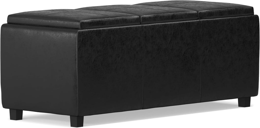 SIMPLIHOME Avalon Storage Ottoman - 42 inch Wide Upholstered Vegan Leather Rectangular Flip-Top Ottoman in Distressed Black, Contemporary Coffee Table Ottoman for Living Room with Hidden Storage