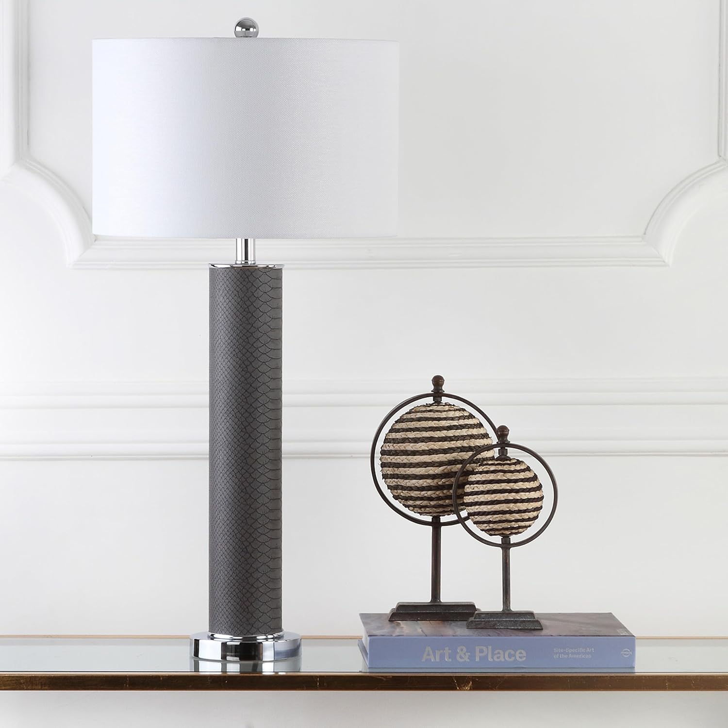 SAFAVIEH Lighting Collection – Set of 2 Ollie Modern Contemporary Grey Faux Snakeskin 32-Inch Table Lamps, LED Bulbs Included, Bedroom Living Room Home Office (LIT4404E-SET2)