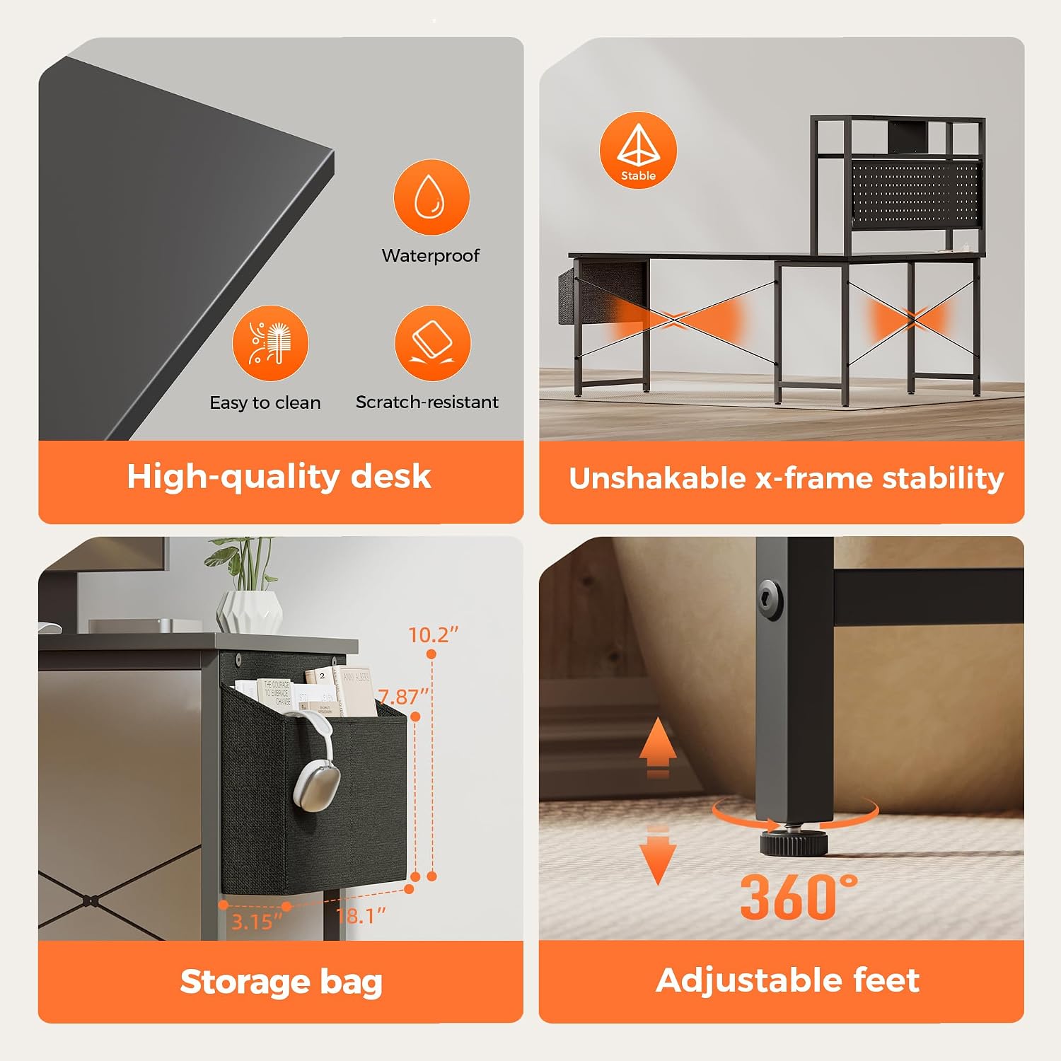 Mericonia 59 inch Large L Shaped Desk with Pegboard Hutch & Shelves, Corner Gaming Desk with Power Outlet, LED Light & Storage Bag, Reversible Computer Desk for Home, Bedroom, Office Workspace, Black