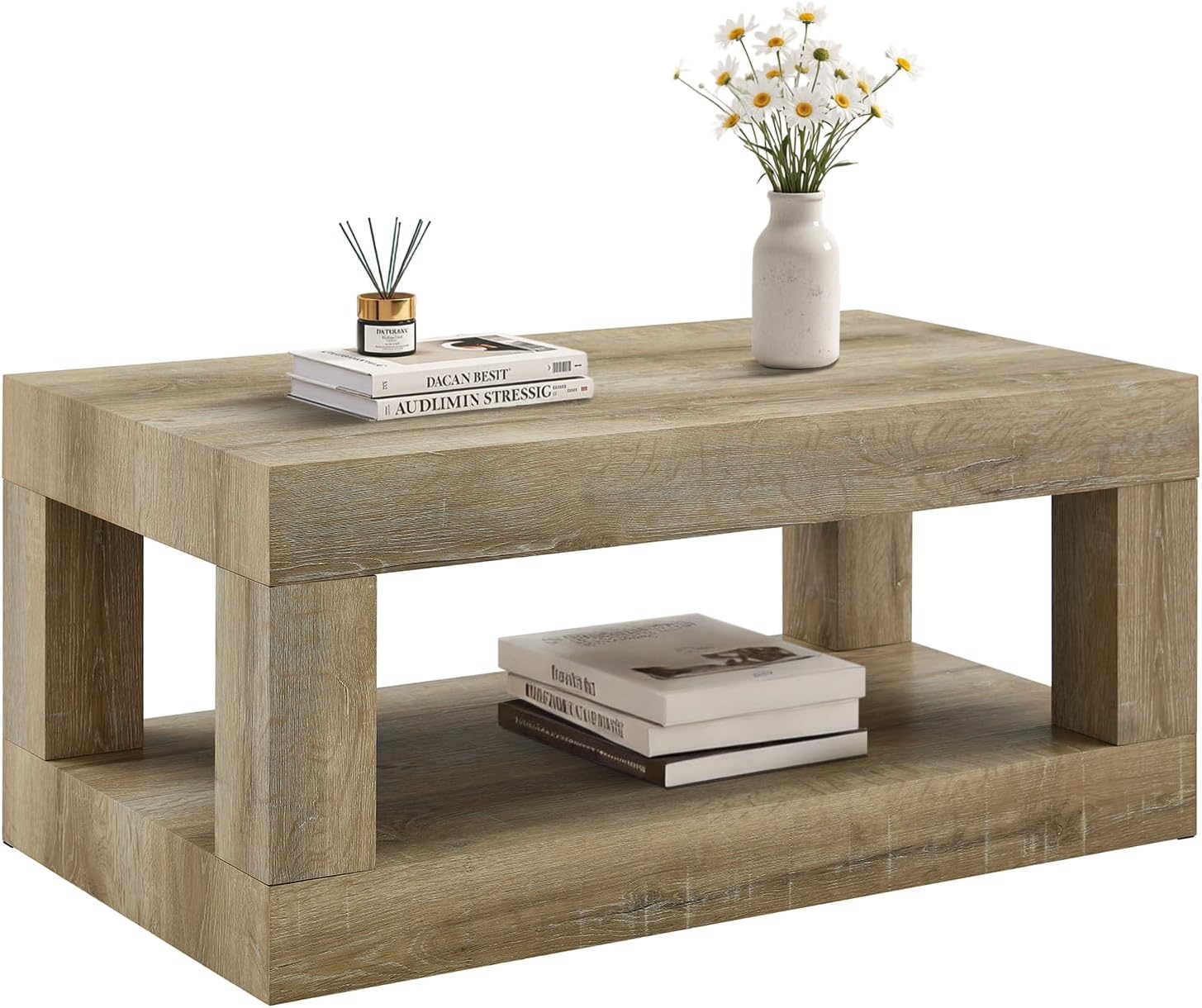 LKTART 39.37' Coffee Table with Storage, 2-Tier Mid Century Rectangular Accent Table with Thick Tabletop, Rustic Style Cocktail, Center Table for Living Room, Office, Apartment (Antique Natural)