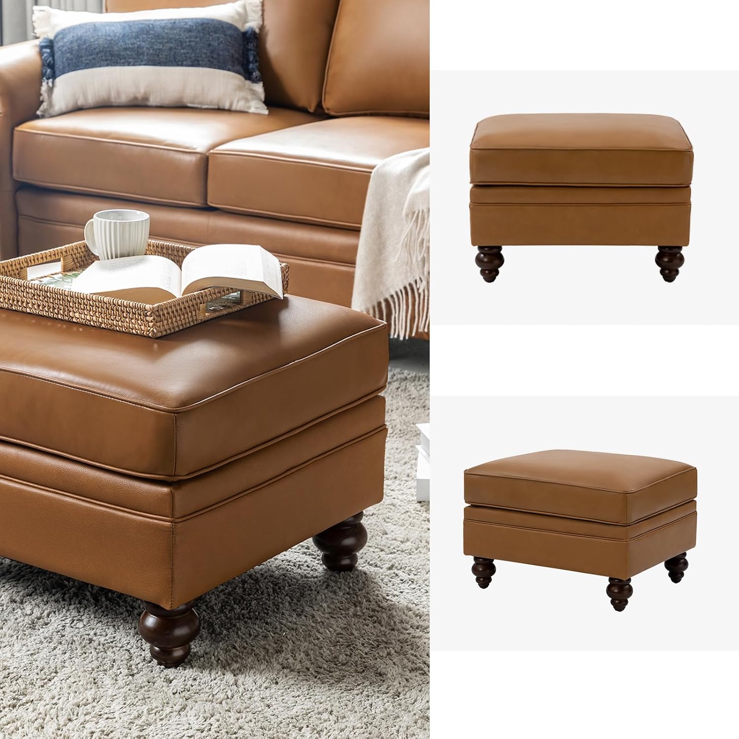 HULALA HOME Genuine Leather Ottoman Coffee Table, Ottoman Foot Rest for Living Room, Camel
