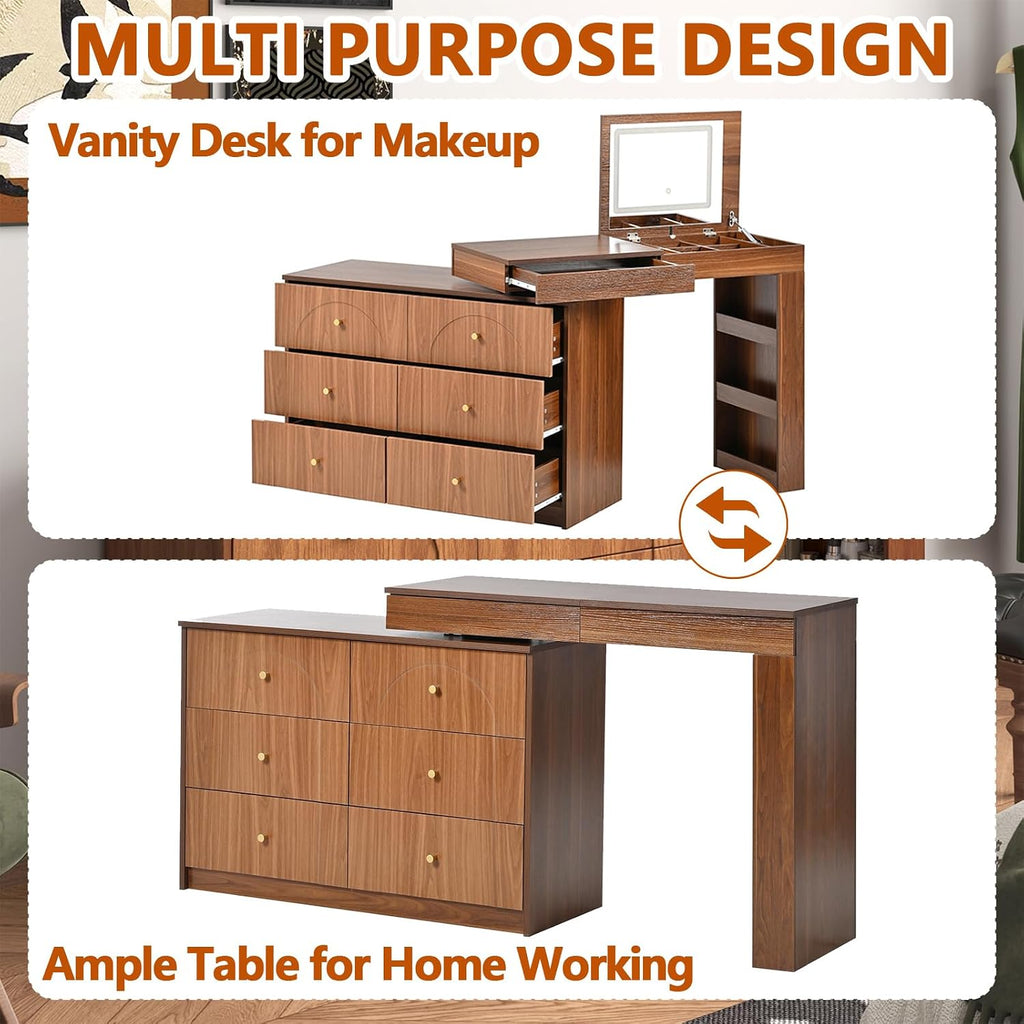 Convertible Brown make up Vanity Desk with Mirror and Lights, Wood Corner Makeup Desk & Large Makeup Table with 7 Storage Drawers / 9 Jewelry Compartments / 3 Shelves / Flip-Top Tabletop (Walnut)
