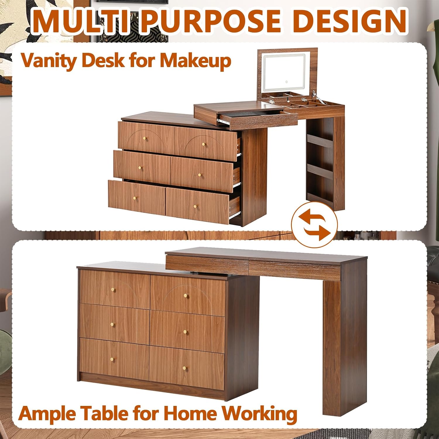 Convertible Brown make up Vanity Desk with Mirror and Lights, Wood Corner Makeup Desk & Large Makeup Table with 7 Storage Drawers / 9 Jewelry Compartments / 3 Shelves / Flip-Top Tabletop (Walnut)