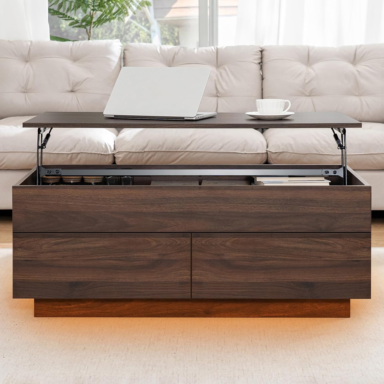 HOMMPA 40'' Lift Top Coffee Table for Living Room, Walnut Coffee Tables with Storage, LED Modern Coffee Table Rectangular Wooden Gloss, Flip Top Center Table with 2 Drawers and Hidden Compartment