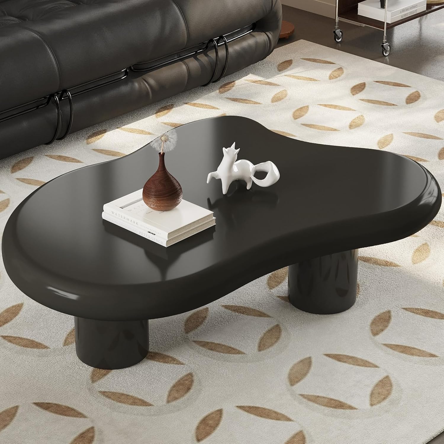 46.06' Cloud Shape Coffee Table, Modern Round Edge Black Coffee Table with 3 Sturdy Support Legs and 3.14' Thick Tabletop for Living Room, Bedroom
