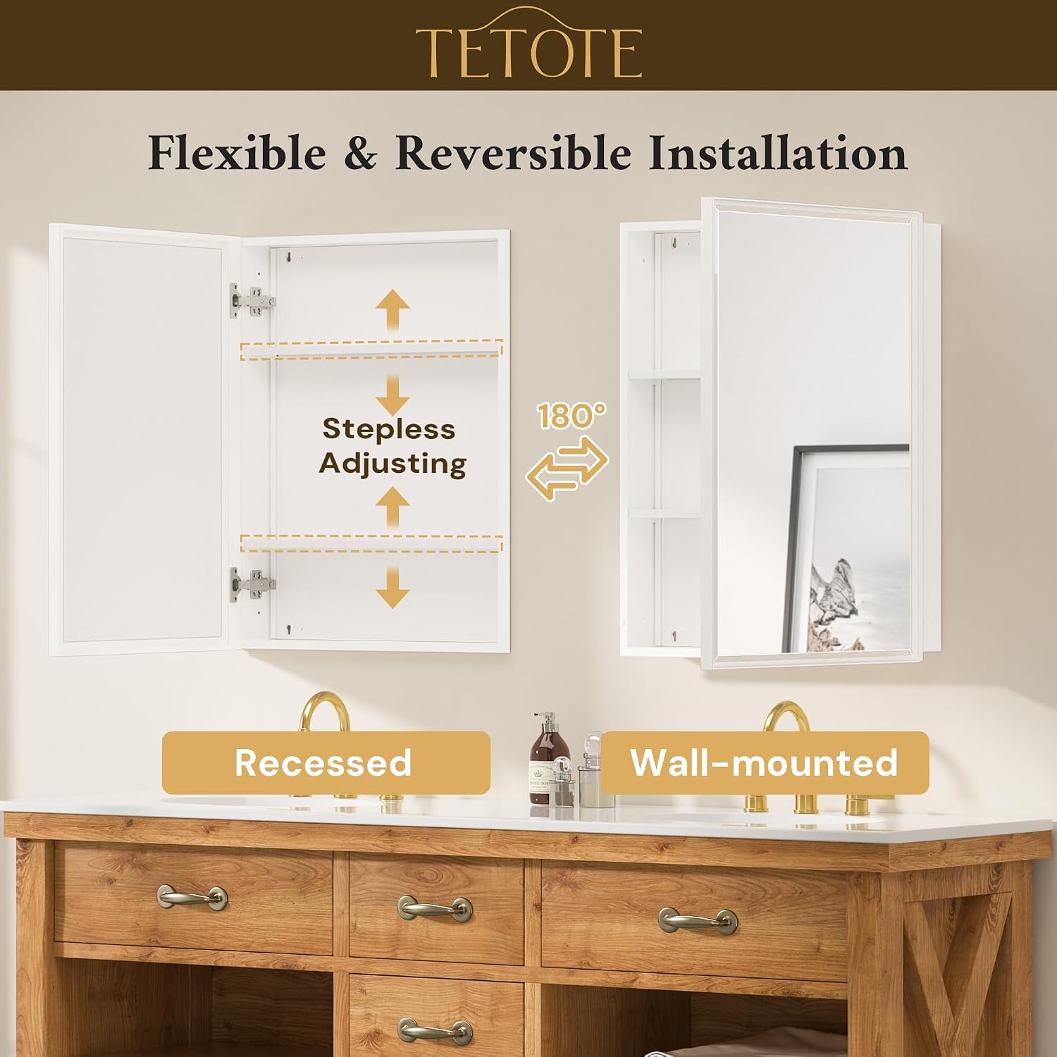 TETOTE 16' x 24' Medicine Cabinets for Bathroom with Tempered Mirror Recessed Medicine Cabinet with Aluminum Beveled Frame, Stepless Adjustable Shelves, DTC Hinge