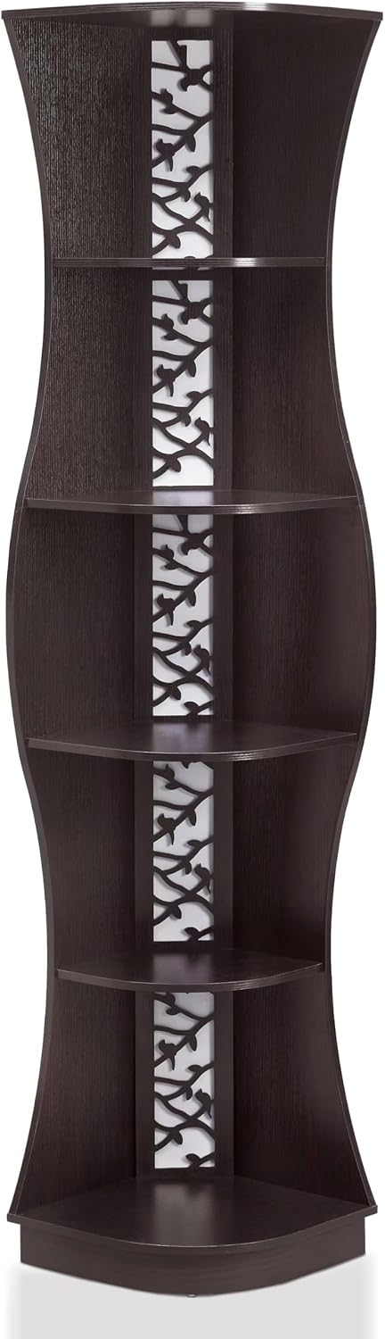 Homes: Inside + Out Connelly Modern 5 Shelf LED Bookcase, Unique Thin Wood Bookshelf with Storage and Remote, Office Shelving,Tall Book Shelf for Bedroom, Living Room and Small Spaces, Cappuccino