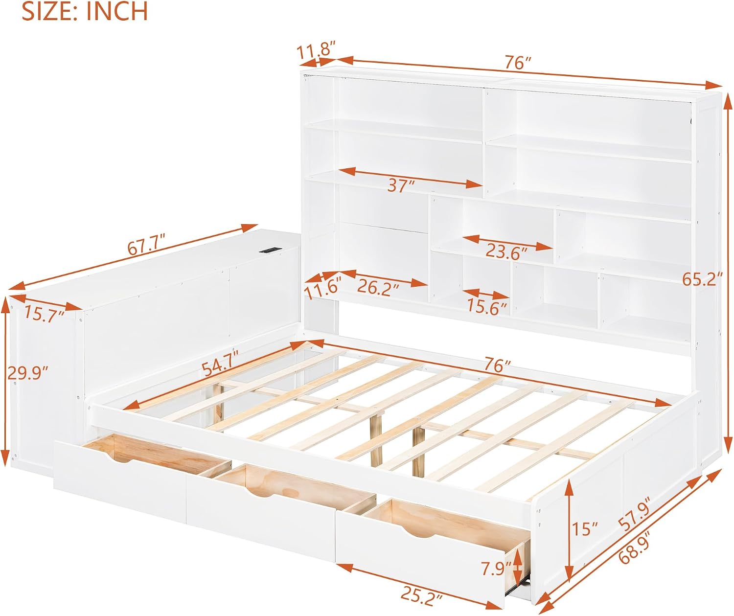SOFTSEA Full Size Corner Day Bed with Drawers, Desk & Bookcase, Wood L Shaped Daybed with LED Lights and USB Ports for Kids Teens Adults, No Box Spring Needed, White