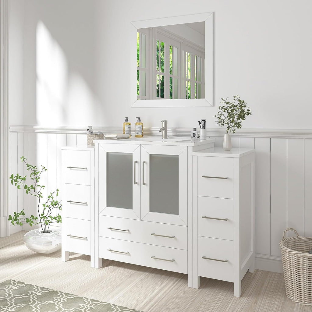 Vanity Art 54 Inch Under Mount Single Sink Bathroom Vanity Cabinet with 1 Mirror, Ceramic Top Bathroom Cabinet Compact Set with 8 Dovetail Drawers and Brushed Nickel Handles, VA3030-54-W