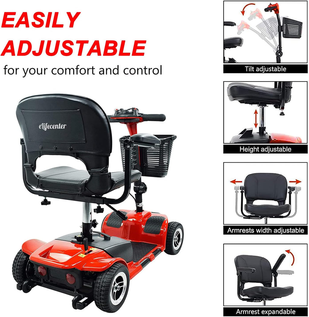 4-Wheel Mobility Scooter - Portable Folding Mobility Scooters for Adults - 12V12AH Battery Power Electric Mobility Scooters for Seniors, Adults, Handicapped, Elderly (Red)