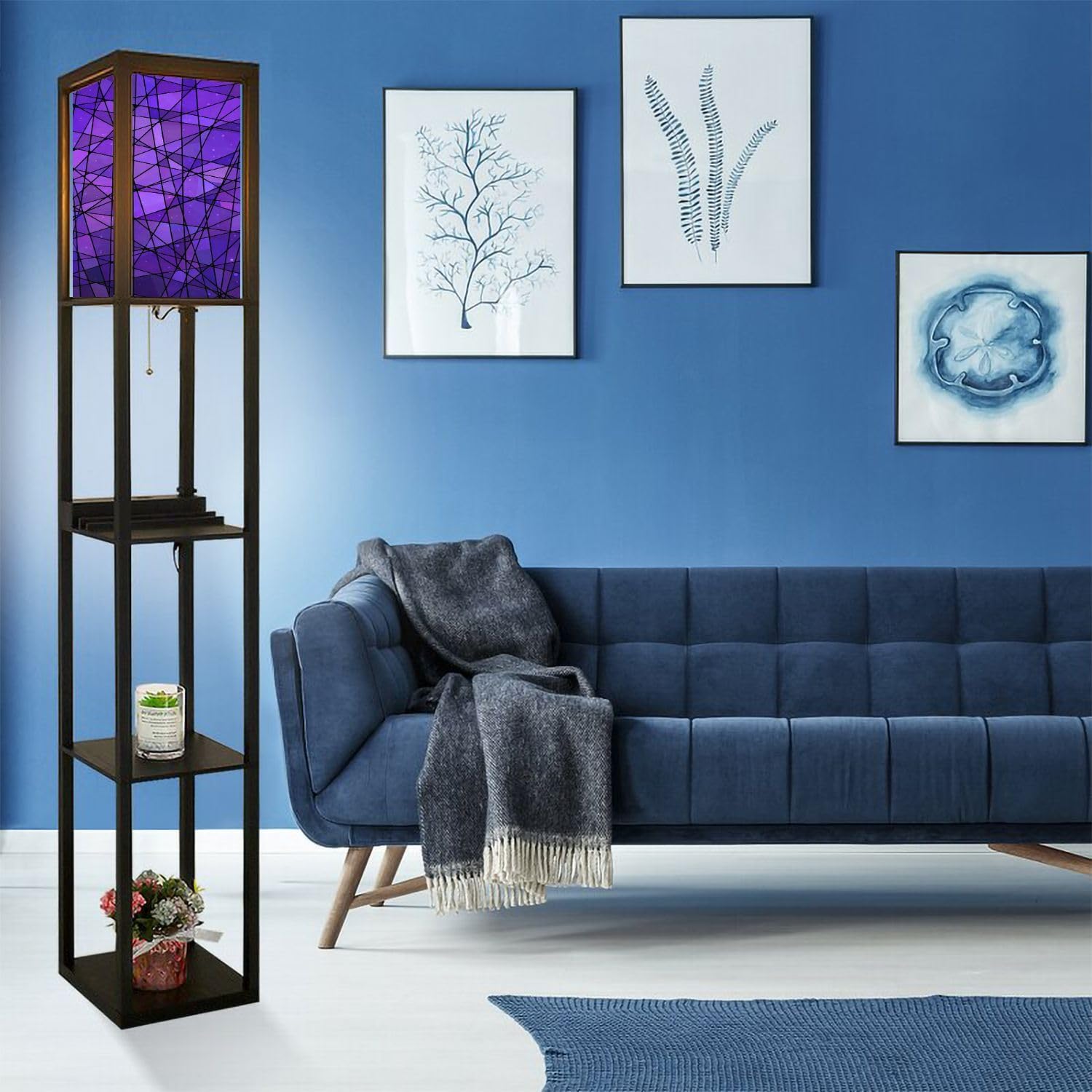 Abstract Stained Glass Mosaic Purple Violet Floor Lamp with Shelves USB Ports & Power Outlet Linen Fabric Shade Corner Standing Lamp for Living Room