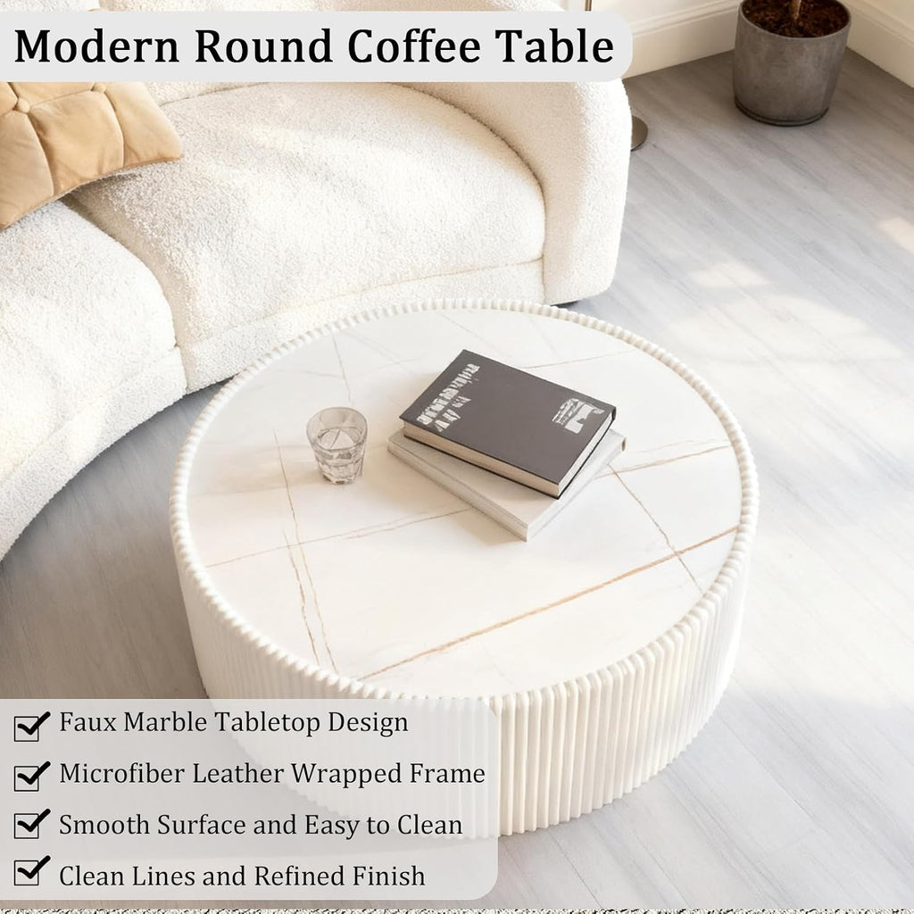 White Round Coffee Table with Sintered Stone Tabletop, 29.52' Drum Coffee Table with Fluted PU Leather Covered and Stable Base, Circle Cocktail Tea Table for Living Room