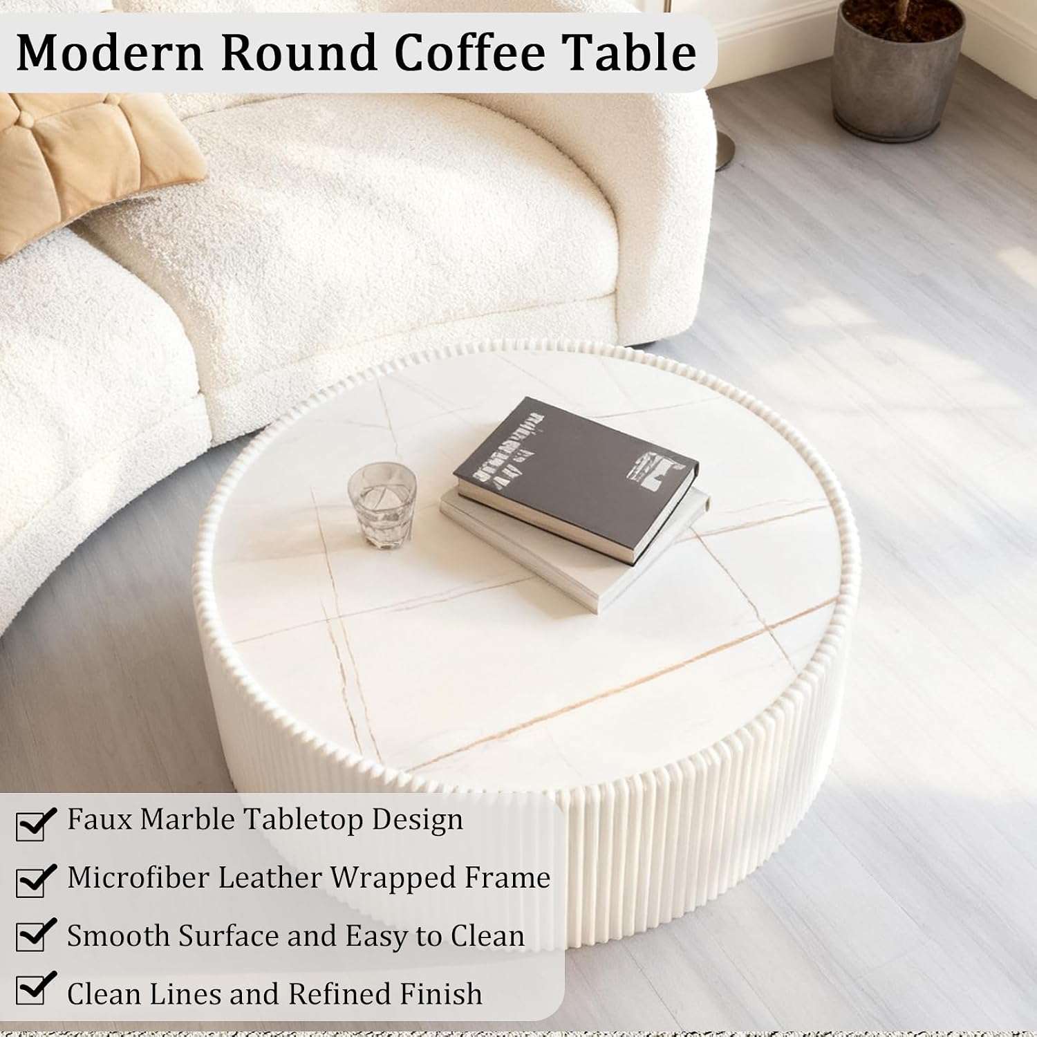 Round Coffee Table Set with Sintered Stone Tabletop, 29.52' White Drum Center Table and 17.71' Black Coffee Table Set, 2 Pieces Living Room Table Set with Fluted PU Leather Cover& Stable Base