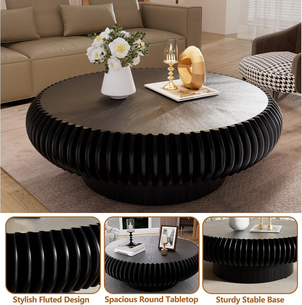 Round Drum Coffee Table with Sturdy Pedestal, Modern Wooden Fluted Coffee Table, Circle Center Table Accent Tea Table for Living Room Apartment Office Reception Room (Black D39.4)