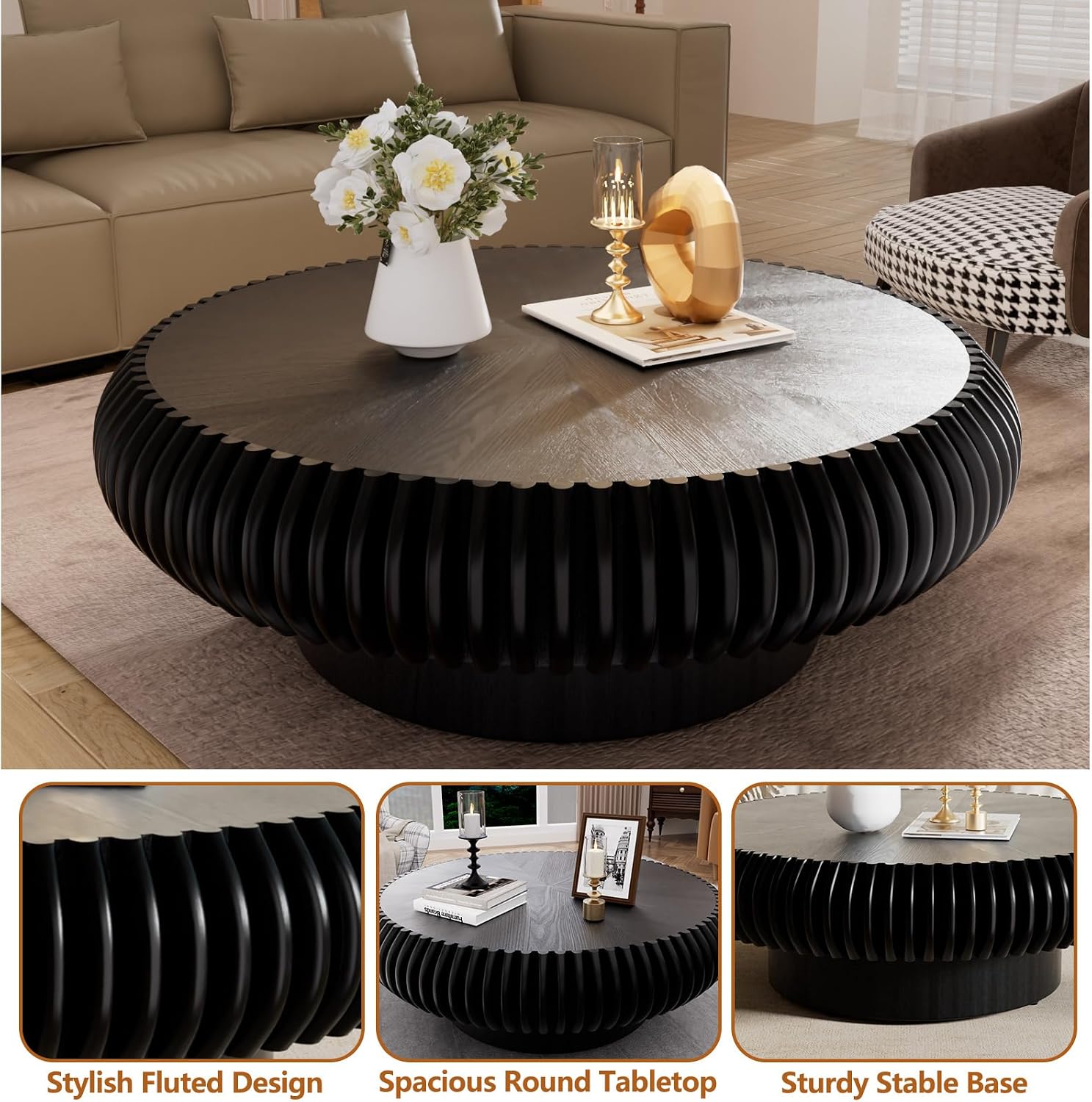 Round Drum Coffee Table with Sturdy Pedestal, Modern Wooden Fluted Coffee Table, Circle Center Table Accent Tea Table for Living Room Apartment Office Reception Room (Black D39.4)