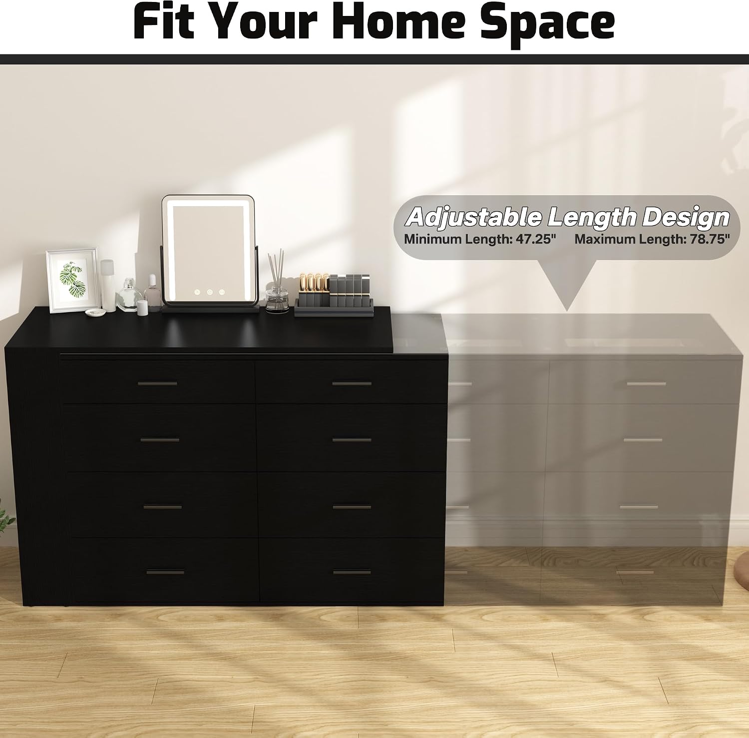Black L Shaped Vanity Desk with LED Lighted Glass Top, Extendable Makeup Desk with 8 Drawers, 3 Open Shelves & Power Outlets, Corner Dressing Table for Bedroom