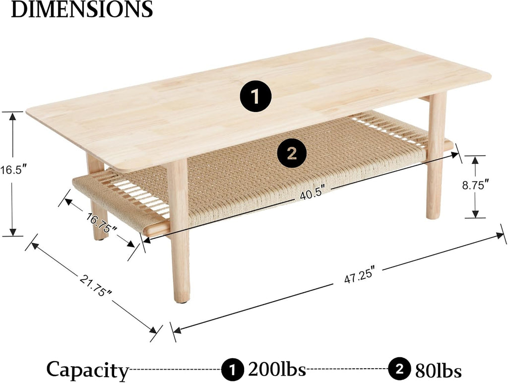 Farmhouse Coffee Table for Living Room 2-Tier Coffee Table with Natural Rattan Storage Shelf Large Rectangular Center Table for Living Room Reception, Natural Color