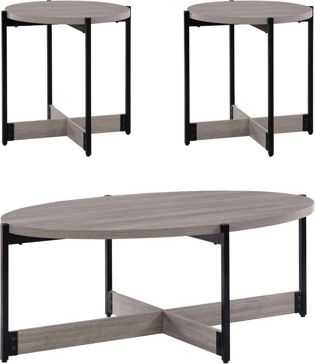 OSP Home Furnishings 3 Piece Occasional Table Set for Livingroom; One Coffee Table and Two Side Tables, Grey Woodgrain Finish with Black Metal