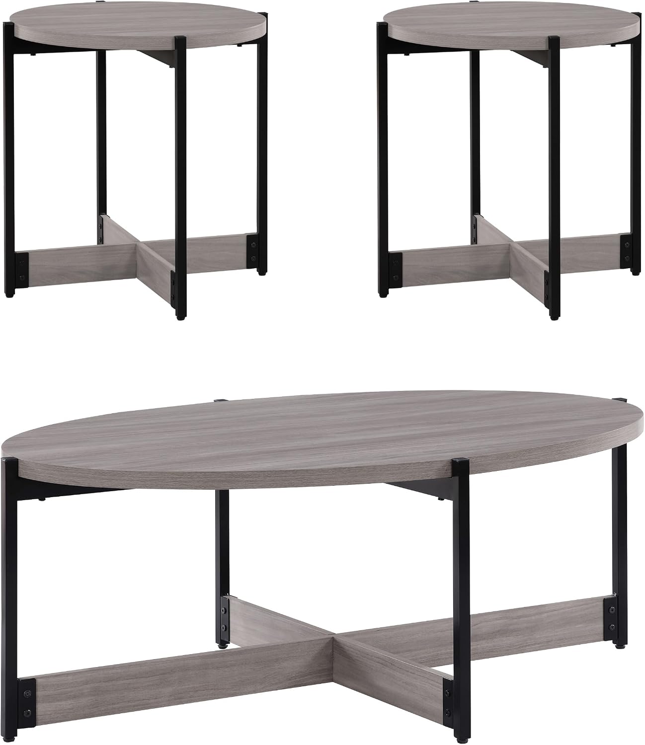 OSP Home Furnishings 3 Piece Occasional Table Set for Livingroom; One Coffee Table and Two Side Tables, Grey Woodgrain Finish with Black Metal