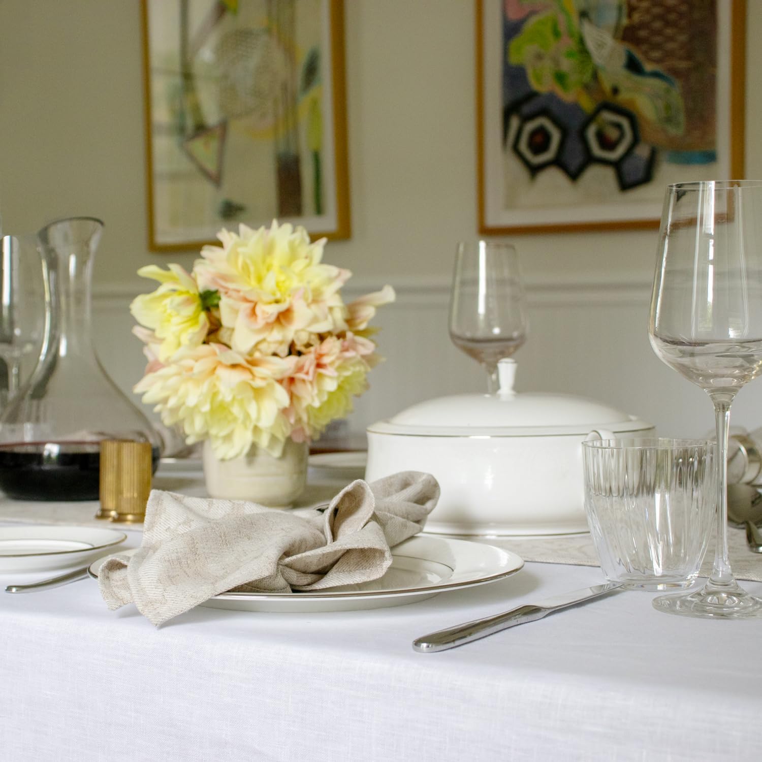 Huddleson White Square Linen Tablecloth 54x54 Square Table Cloth Luxury Italian Linen Sewn in US