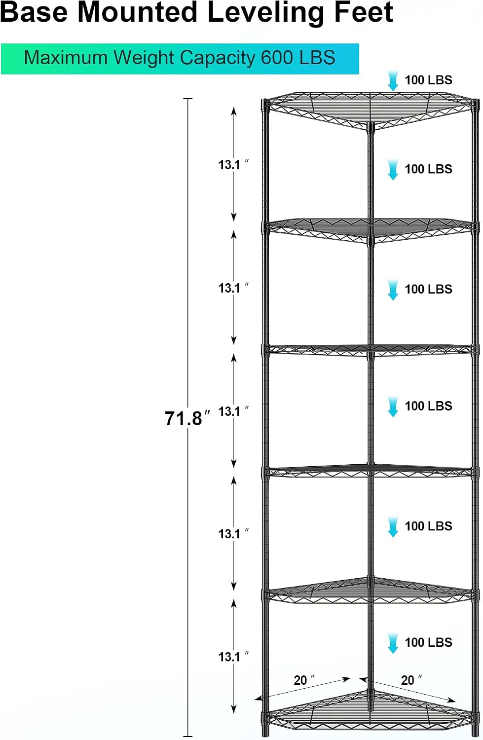 Dolonm 6 Tier Corner Shelf, NSF Wire Shelving Unit, 600 LBS Corner Storage Shelf, 20' D x 20' W x 72' H, Corner Shelves, Heavy Duty Corner Standing Shelves, Height Adjustable Rack, Pentagonal, Black