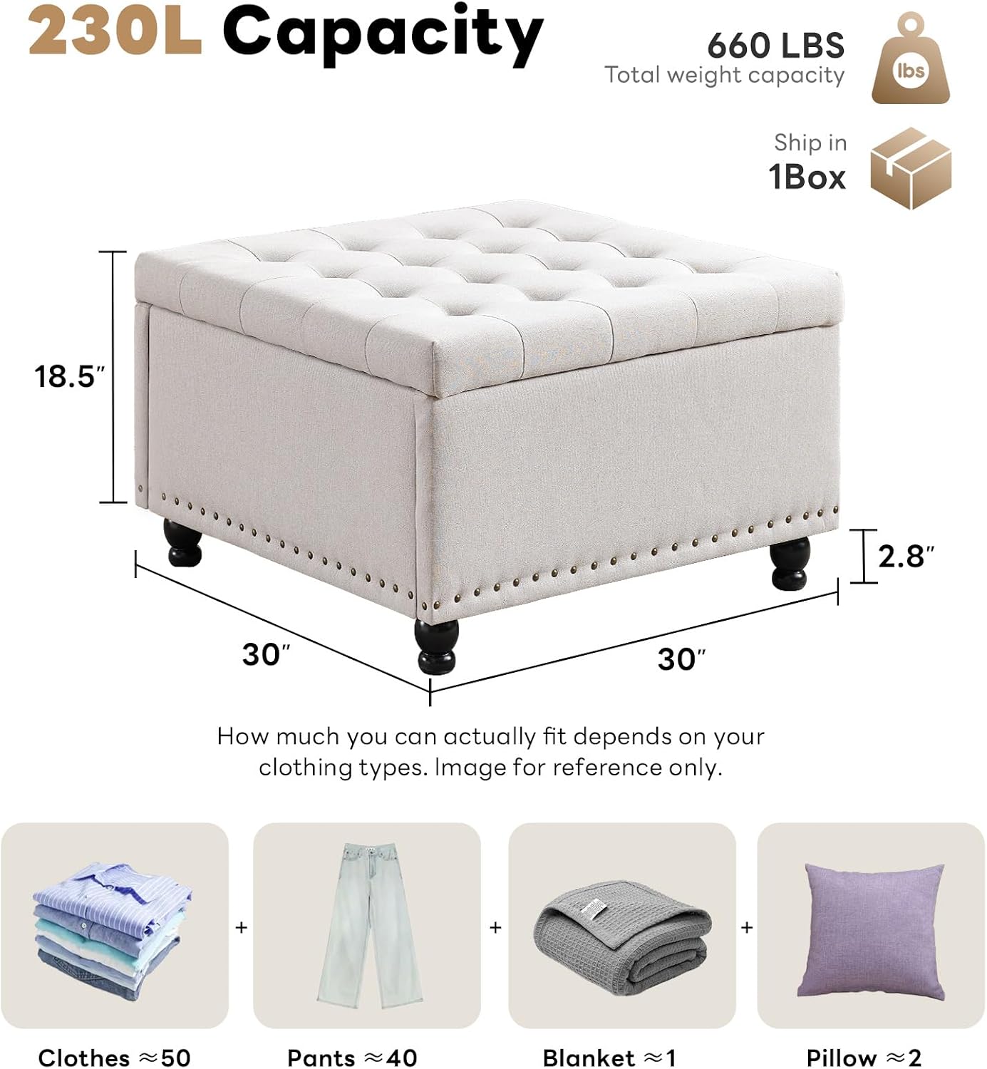 Tbfit 30' Large Square Ottoman Coffee Table with Storage, Oversized Tufted Upholstered Ottomans Bench with Solid Wood Legs for Living Room, Dorm, Linen Foot Stool for Couch Sofa Toy Box, Beige