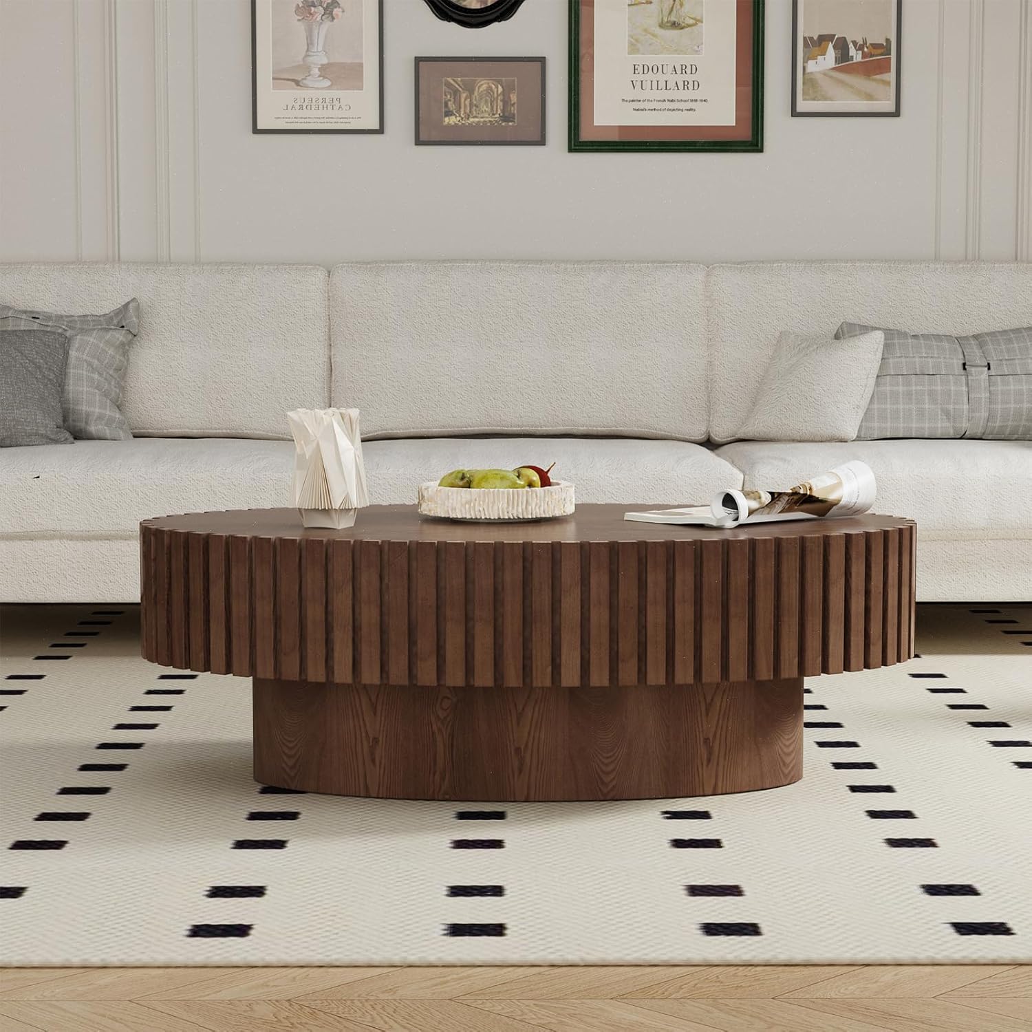 Oval Fluted Coffee Table Mid Century Modern Coffee Tables with Handcrafted Relief Ellipse Drum End Table Rustic Industrial Center Tables for Apartment Living Room (Brown Oval)