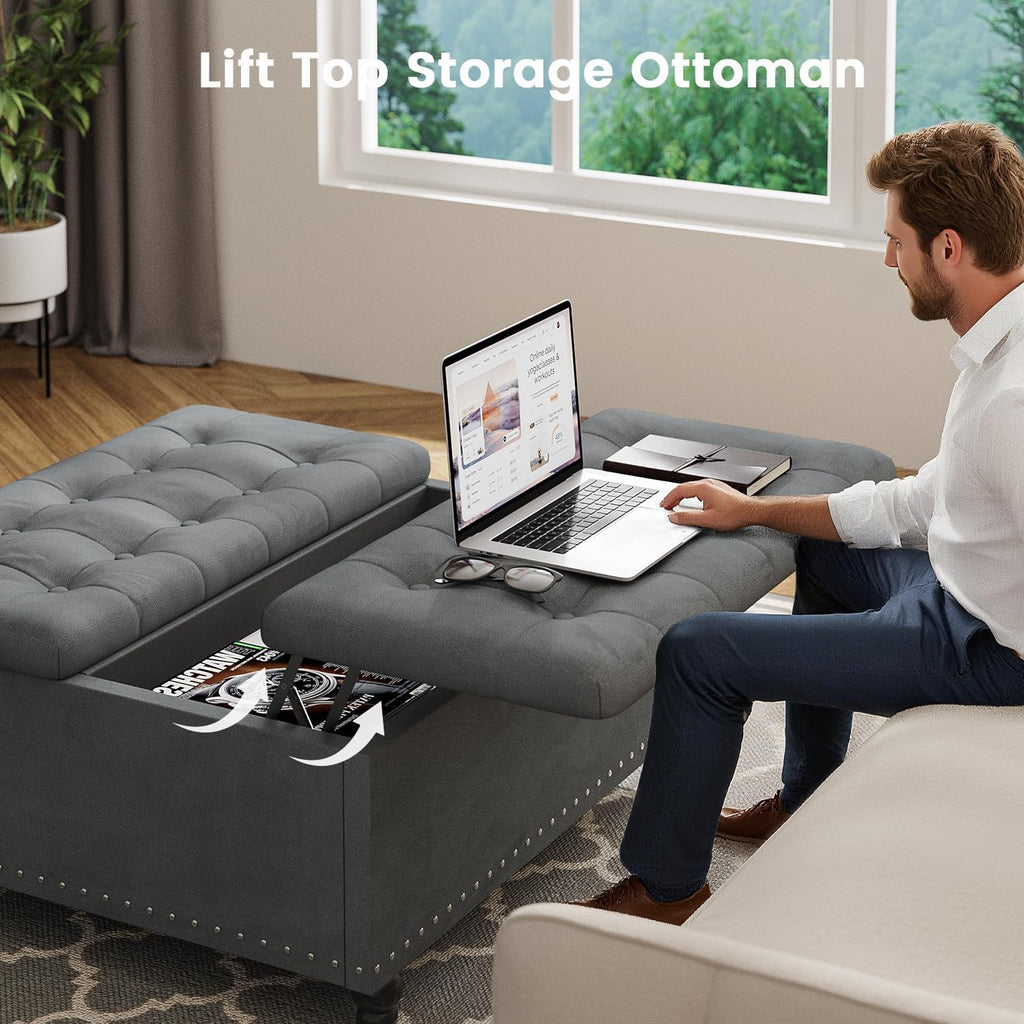 FUXA 35 Inch Large Square Ottoman with Storage, Oversized Ottoman Coffee Table with Lift Top and Wood Legs, Tufted Upholstered Storage Ottoman Bench for Living Room (Gray)