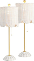 JONATHAN Y 27.5' White/Brass Gold Coastal Buffet Table Lamp Set of 2 for Bedroom, Boho Table Lamps with Natural Rattan Scalloped Shade, Pull Chain, LED Bulbs Included (JYL1138B-SET2)