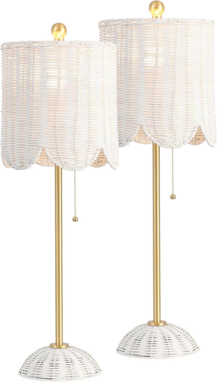 JONATHAN Y 27.5' White/Brass Gold Coastal Buffet Table Lamp Set of 2 for Bedroom, Boho Table Lamps with Natural Rattan Scalloped Shade, Pull Chain, LED Bulbs Included (JYL1138B-SET2)