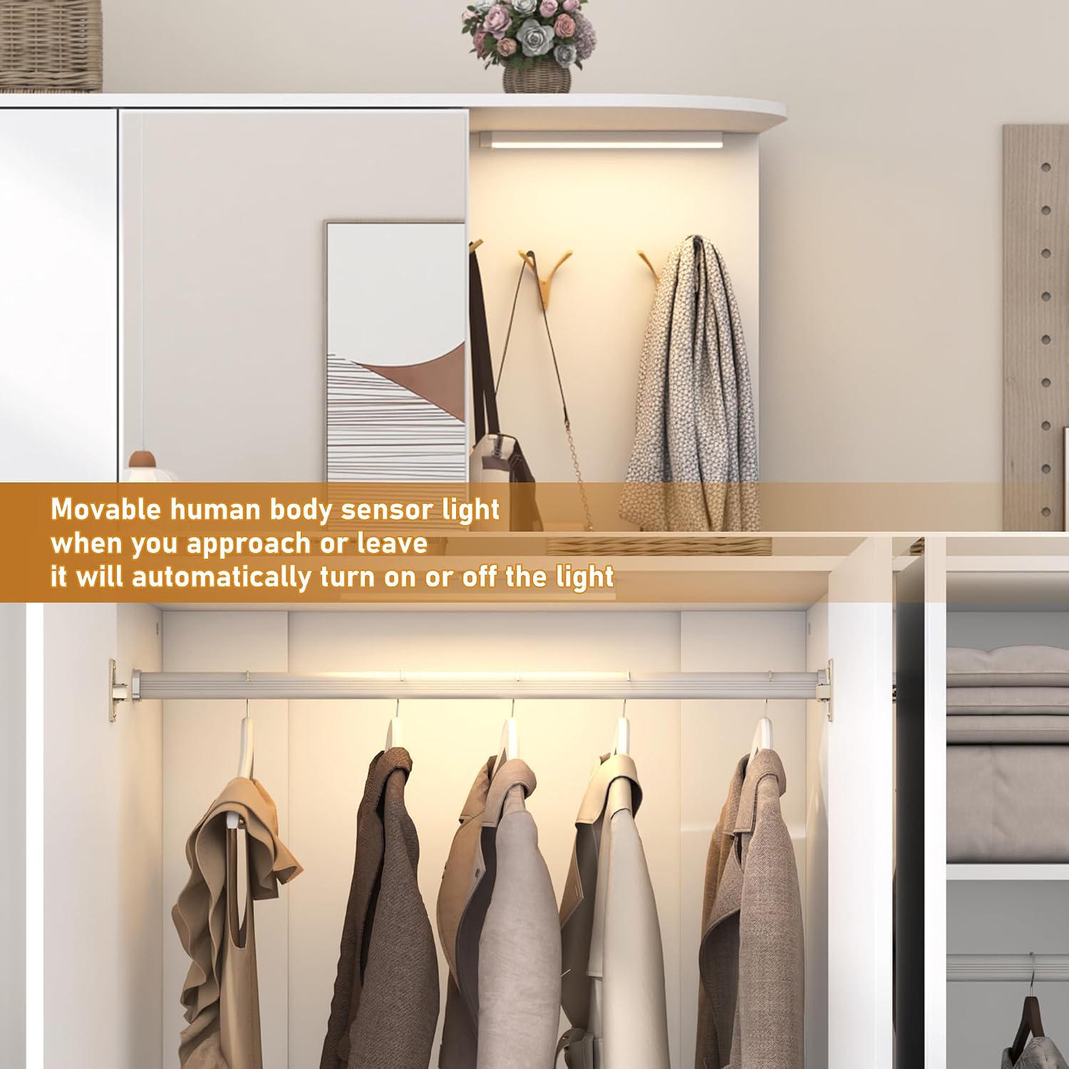 XVD Armoire Wardrobe Closet with Mirror & Sensor Light, Bedroom Armoire with 5 Doors & 2 Drawers, Modern Wooden Large Wardrobe Closet with Shelves, 4 Metal Hooks, 2 Hanging Roods, Open Space, White