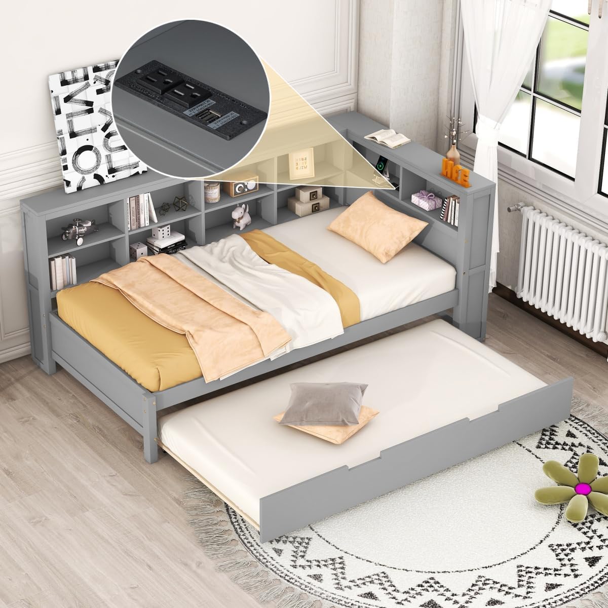 Twin Size Daybed with Storage Bookcase, Twin Trundle and Charging Station, Wooden Platform Bed with Bookshelf for Kids Boys Girls, Grey