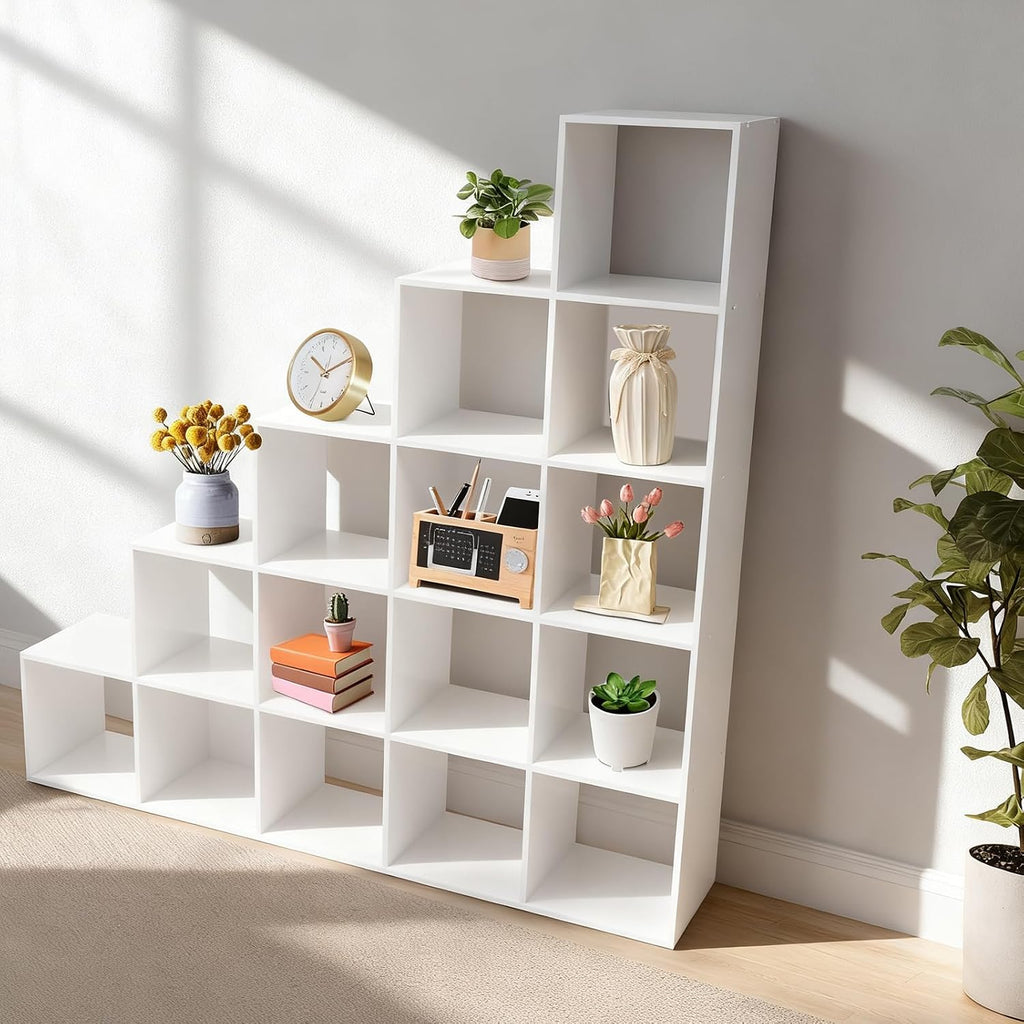 Ladder Cube Storage Bookcase 15-Cube Organizer for Home & Office L-Shaped Corner Shelf Freestanding L-Shaped Stepped Bookcase for Living Room Bedroom (White, 15-Cube)
