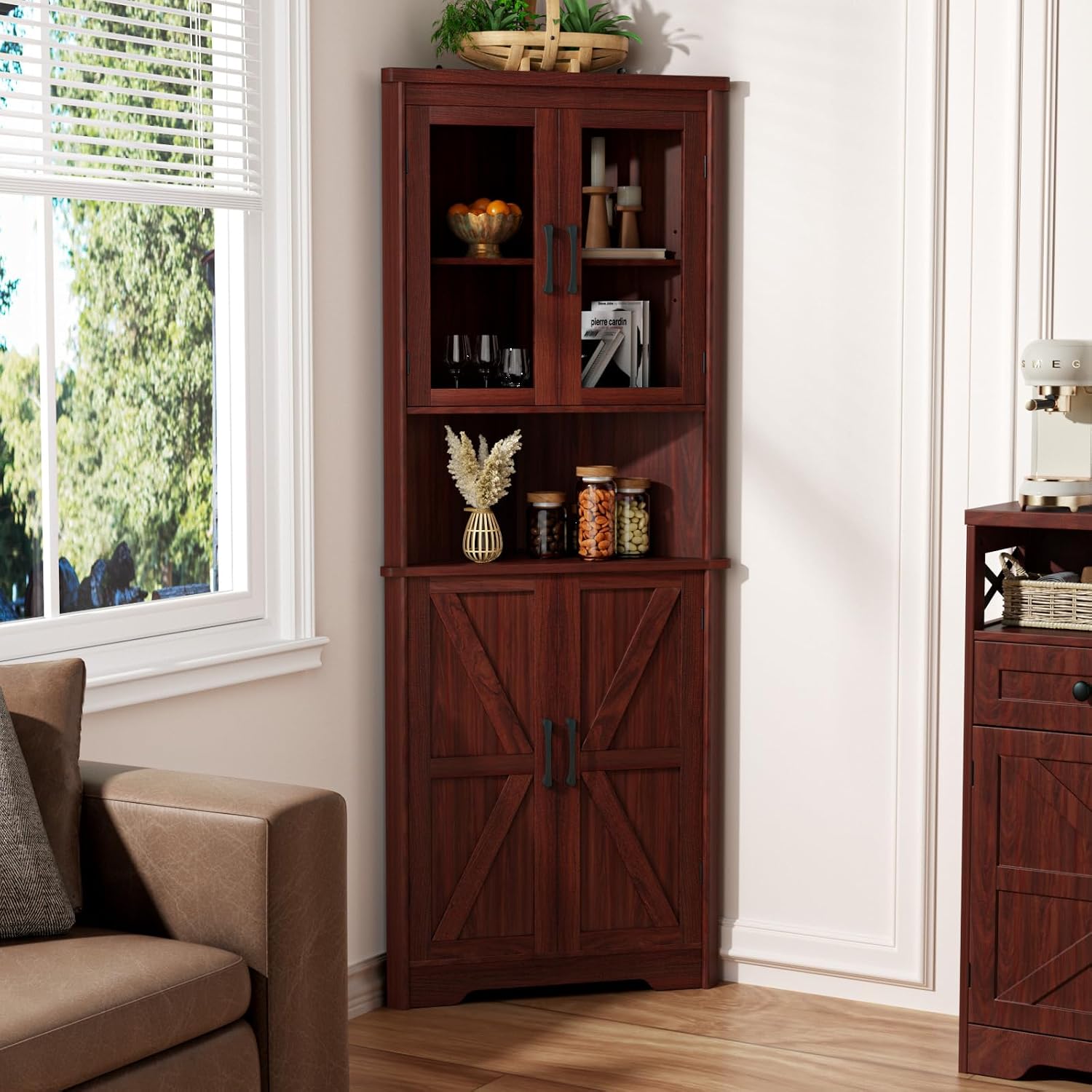 FiveWillowise 67''H Dark Brown Tall Corner Storage Cabinet with 4 Tempered Glass Doors and Barn Doors, Home Space Saver Decoration Farmhouse Cabinet with 2 Adjustable Shelves for Kitchen, Living Room